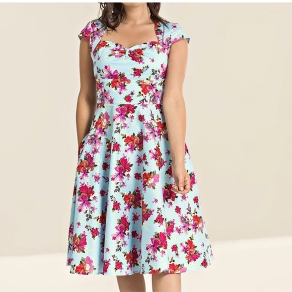 Hell Bunny Dress Vintage Inspired Tropical Floral Print Cap Sleeve Dress size L - Picture 4 of 12
